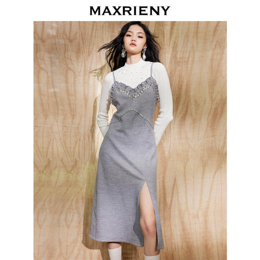 MAXRIENY吊带连衣裙钉珠a字裙设计感复古显瘦格雷系穿搭(货号:MC87DR752) 商品图2