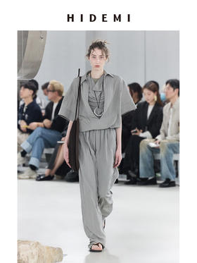 HIDEMI 极简微褶皱柔顺清透设计感假两件短袖长裤套装
