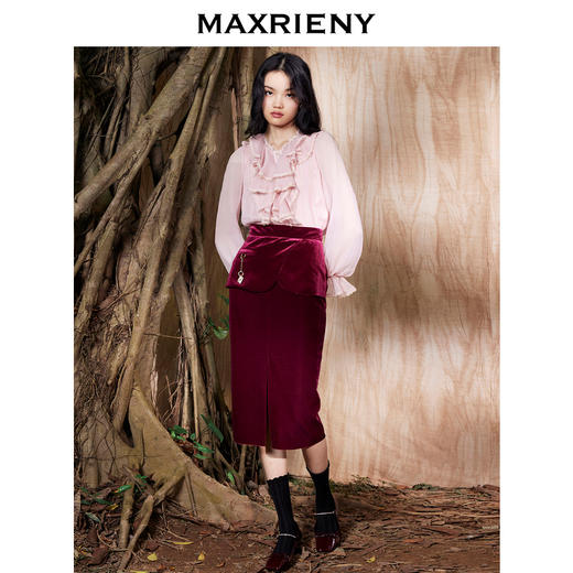 MAXRIENY深红色灯芯绒高腰包臀裙秋装丝绒半身裙(货号:MC87SK807) 商品图1
