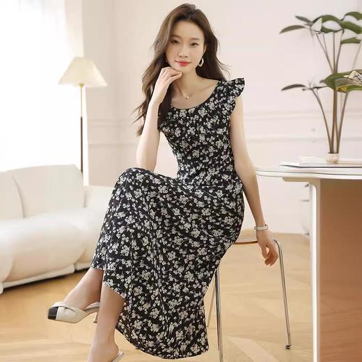 法式黑色碎花吊带小飞袖连衣裙子女夏季2024新款海边度假气质长裙 商品图2