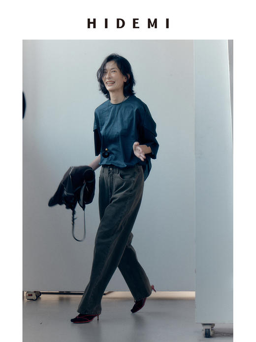 HIDEMI 【当当同款】做旧水洗棉羊腿茧型感牛仔裤长裤 军绿色/碳黑色 商品图4