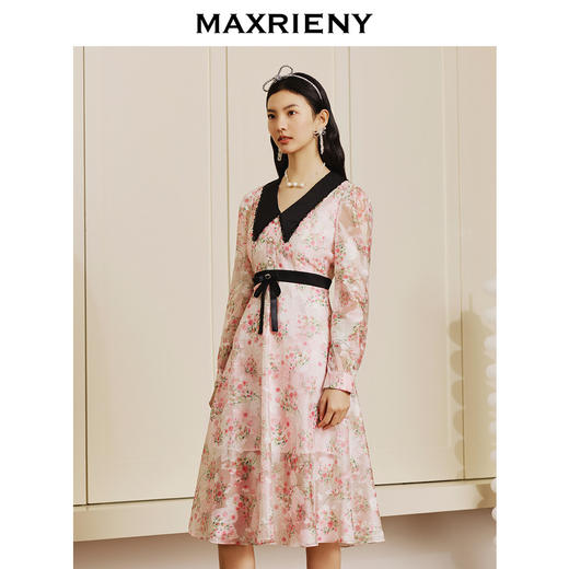 【商场同款】MAXRIENY温柔春日少女感桃花印花撞色连衣裙修身长裙(货号:MC88DR092) 商品图1