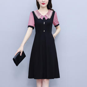 HT-8308大码女装法式小黑裙夏季女时尚拼接收腰显瘦连衣裙淑女