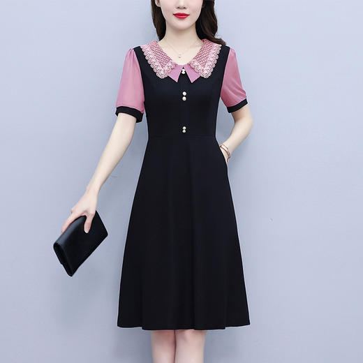 HT-8308大码女装法式小黑裙夏季女时尚拼接收腰显瘦连衣裙淑女 商品图0