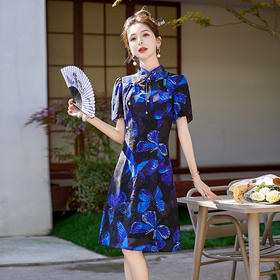 HRFS-24039夏季上新气质时尚新中式风修身显瘦印花立领连衣裙小个子