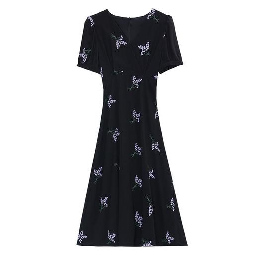 气质优雅连衣裙女2024夏季法式黑色V领收腰a字裙花朵显瘦中长裙子 商品图4