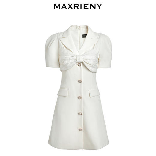 MAXRIENY白色西装裙夏短袖蝴蝶结连衣裙复古中长(货号:MC87DR285) 商品图4