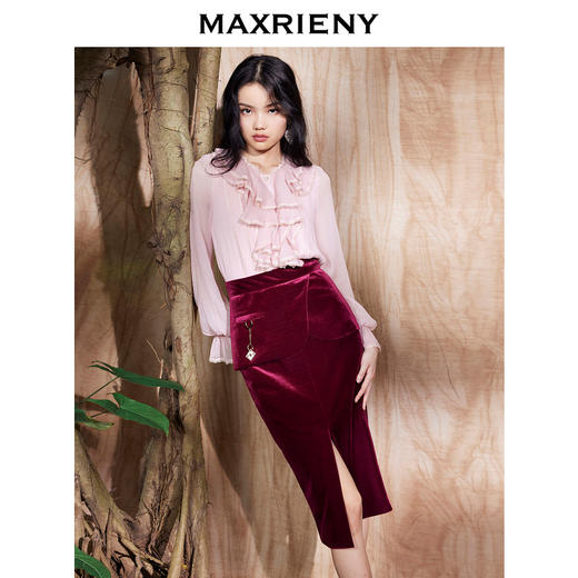 MAXRIENY深红色灯芯绒高腰包臀裙秋装丝绒半身裙(货号:MC87SK807) 商品图2