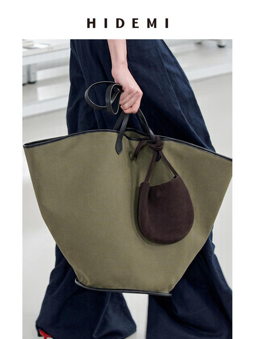 HIDEMI 军绿色帆布拼皮系列VASE TOTE艺术感花瓶托特包 大号/小号 商品图2