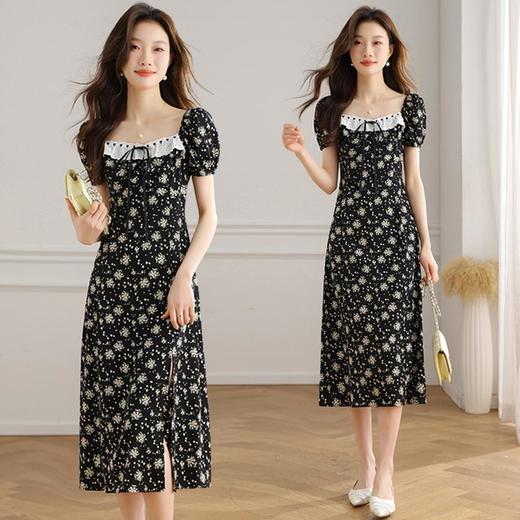 黑色碎花连衣裙女夏短袖2024新款女装法式小众小雏菊茶歇中长裙子 商品图1
