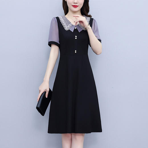 HT-8308大码女装法式小黑裙夏季女时尚拼接收腰显瘦连衣裙淑女 商品图1