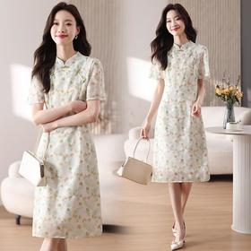 新中式国风雪纺连衣裙女短袖2024夏新款复古修身显瘦中长款碎花裙