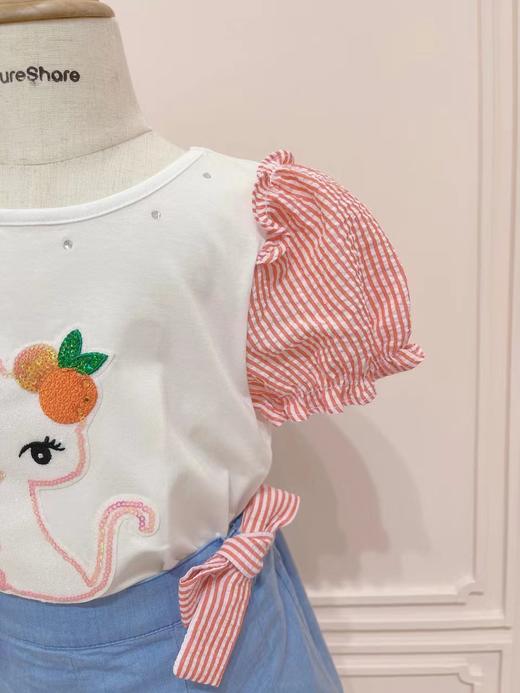 条纹袖亮片小猫T恤 商品图0