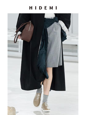 HIDEMI 极简细条纹压褶设计感宽松阔腿中低腰西裤中裤 灰色/黑色