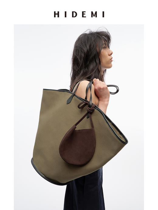 HIDEMI 军绿色帆布拼皮系列VASE TOTE艺术感花瓶托特包 大号/小号 商品图0