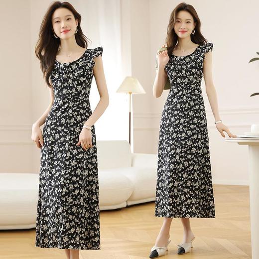 法式黑色碎花吊带小飞袖连衣裙子女夏季2024新款海边度假气质长裙 商品图1