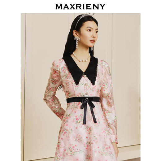 【商场同款】MAXRIENY温柔春日少女感桃花印花撞色连衣裙修身长裙(货号:MC88DR092) 商品图2
