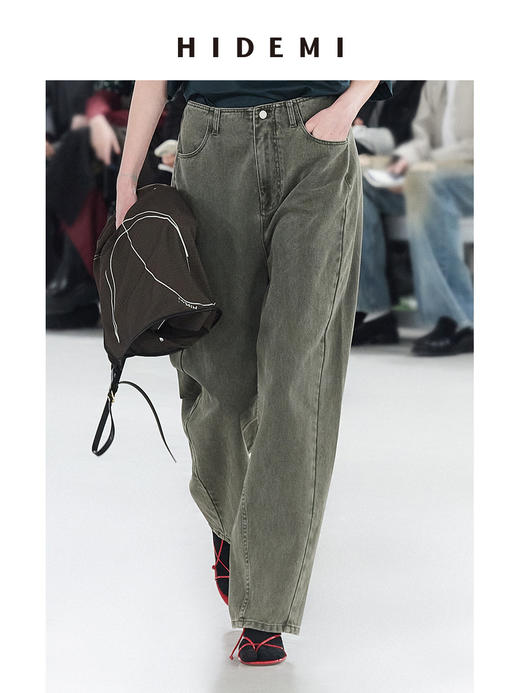 HIDEMI 【当当同款】做旧水洗棉羊腿茧型感牛仔裤长裤 军绿色/碳黑色 商品图0