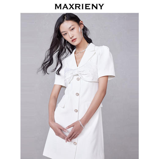 MAXRIENY白色西装裙夏短袖蝴蝶结连衣裙复古中长(货号:MC87DR285) 商品图3