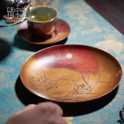 臻宝堂（ZENBOTON）铜壶承托纯手工雕刻兰竹干泡台养壶小盘家用旅行茶台茶具圆形中式 兰竹双清壶承 商品图3
