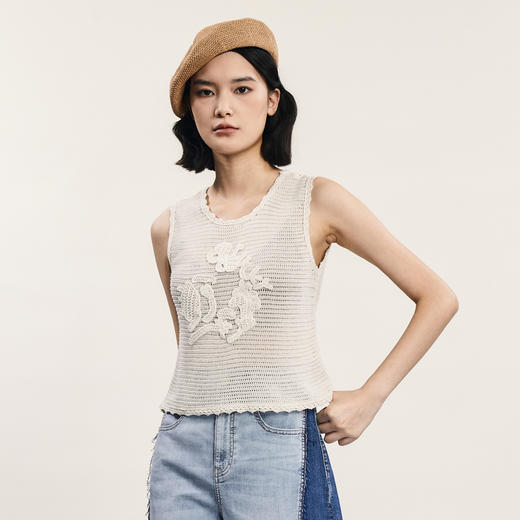 谜底针织背心女2024夏季新款复古风圆领套头针织衫无袖242MZ0857 商品图1