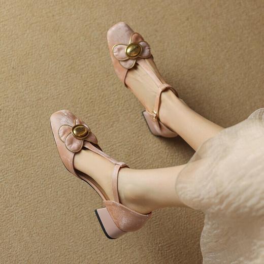 【预售5天】丝绸牛皮方头单鞋，花朵T带丁字鞋包头凉鞋LD&6777 商品图1