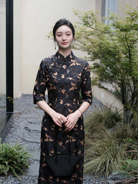 瑕疵|盛唐婧 |真丝翠松纹高雅旗袍-黑色[特价品](特殊商品不退不换)