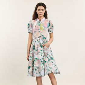 谜底碎花连衣裙短袖女2024年夏款文艺风主题印花中长裙242ML0617