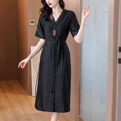 NYL-8803改良旗袍黑色连衣裙夏季新款时尚洋气V领宽松系带中长裙 商品图0