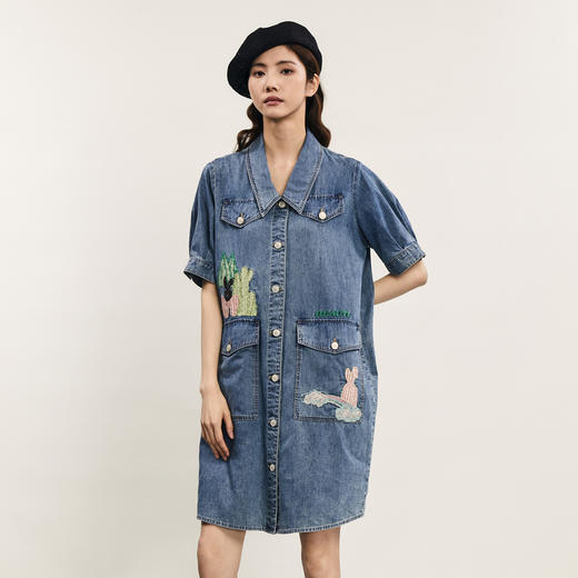 谜底连衣裙短袖女2024年夏款复古文艺风刺绣宽松直筒裙242ML0660 商品图0