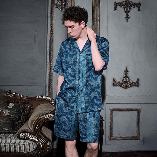 22姆米男士真丝短袖短裤睡衣套装蓝色印花桑蚕丝家居服 商品图3