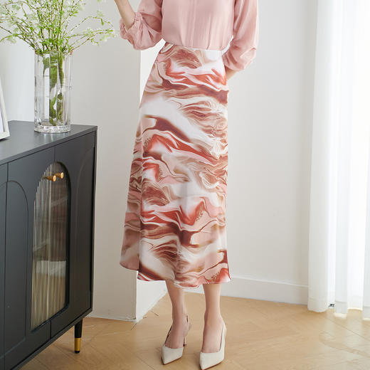 米思阳2026春新款时尚粉色印花中长裙顺滑显瘦百搭半身裙1814 商品图5