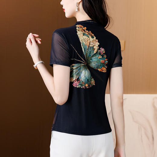 MZ-16175半高领短袖T恤夏季新款弹力网纱时尚印花修身套头百搭上衣 商品图3