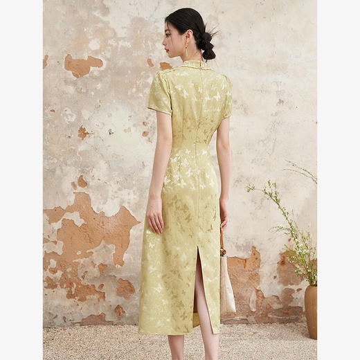 新中式国风旗袍领肌理提花连衣裙女夏季聚褶收腰开叉长裙V0041355 商品图4