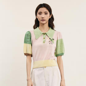 谜底套头针织衫女2024年夏款学院风拼色刺绣POLO领上衣242MZ0879