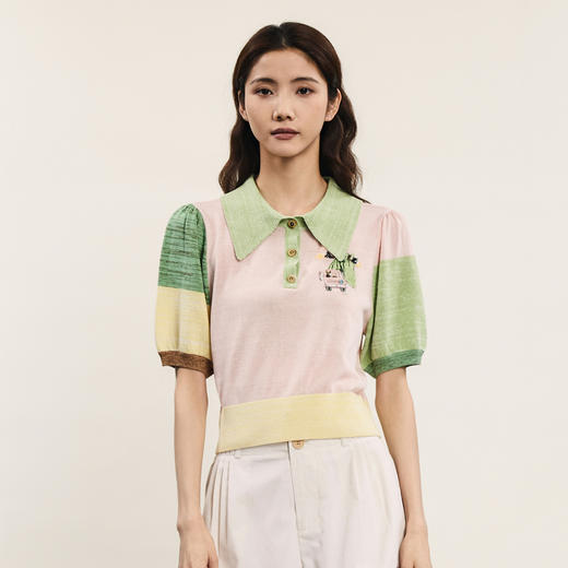 谜底套头针织衫女2024年夏款学院风拼色刺绣POLO领上衣242MZ0879 商品图0