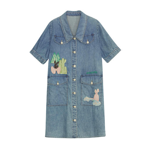 谜底连衣裙短袖女2024年夏款复古文艺风刺绣宽松直筒裙242ML0660 商品图4