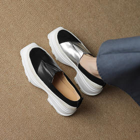 OLD-6280休闲厚底小皮鞋女新款秋季米色一脚蹬高跟鞋松糕厚底粗跟单鞋