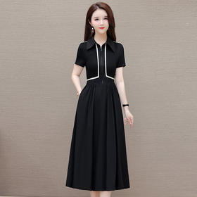 QYM-247253时尚洋气假两件拼结夏季新款黑色短袖裙中长款A字裙