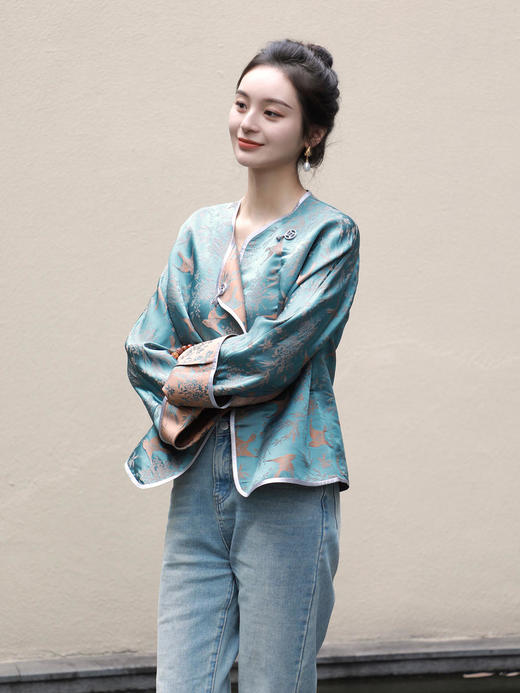 瑕疵| 盛唐牡丹 |花锦缎喜鹊纹外套-灰蓝橙色双面(正反两穿)[特价品]](特殊商品不退不换) 商品图1