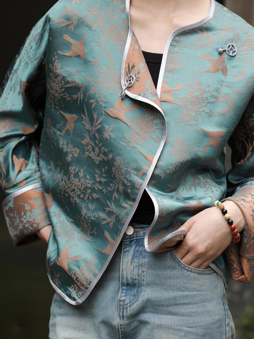 瑕疵| 盛唐牡丹 |花锦缎喜鹊纹外套-灰蓝橙色双面(正反两穿)[特价品]](特殊商品不退不换) 商品图4