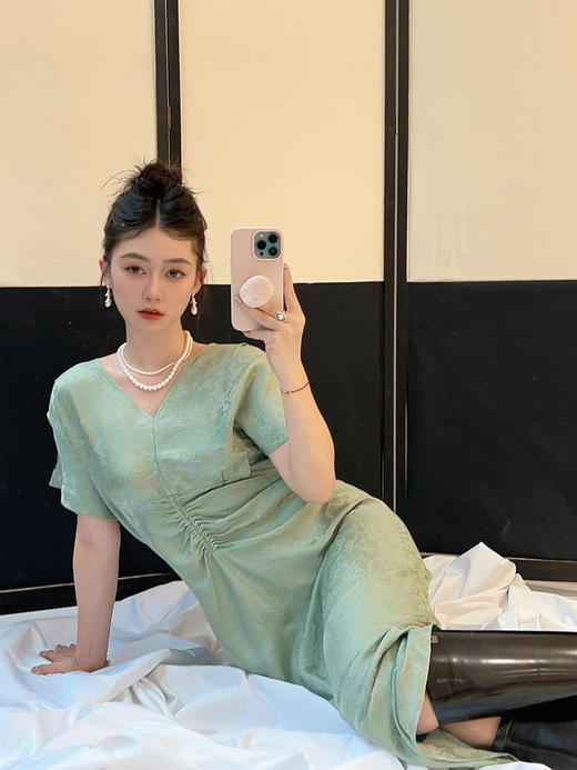 盛唐牡丹 |天青色织金真丝提花褶皱长裙 商品图7