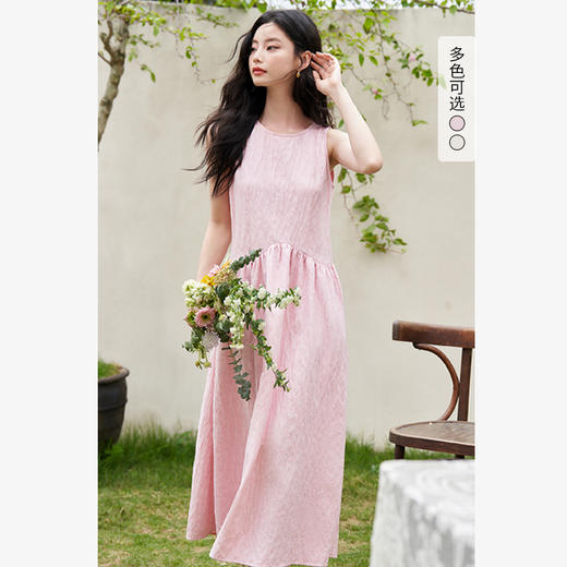 西遇宽松温柔系露背连衣裙女夏季新款无袖减龄长款短袖梭织裙D1040748 商品图0