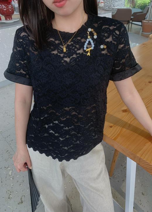 圆领装饰订珠蕾丝花短袖衫 3522040012 商品图2