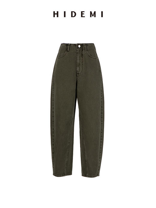 HIDEMI 【当当同款】做旧水洗棉羊腿茧型感牛仔裤长裤 军绿色/碳黑色 商品图11