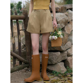 SimpleRetro清凉夏讯 复古卡其色压褶短裤休闲裤女高腰显瘦阔腿裤