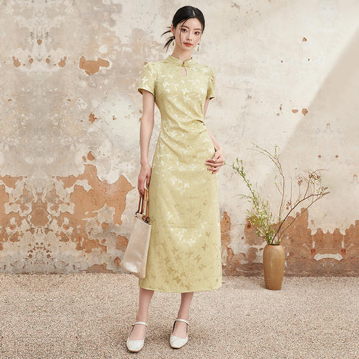 新中式国风旗袍领肌理提花连衣裙女夏季聚褶收腰开叉长裙V0041355 商品图1