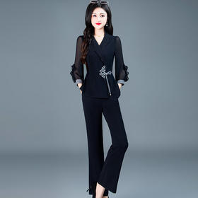 QYM-246626新中式国风职业套装女春夏时尚西装领长袖上衣直筒长裤休闲两件套