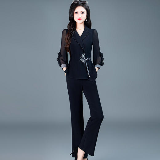 QYM-246626新中式国风职业套装女春夏时尚西装领长袖上衣直筒长裤休闲两件套 商品图0