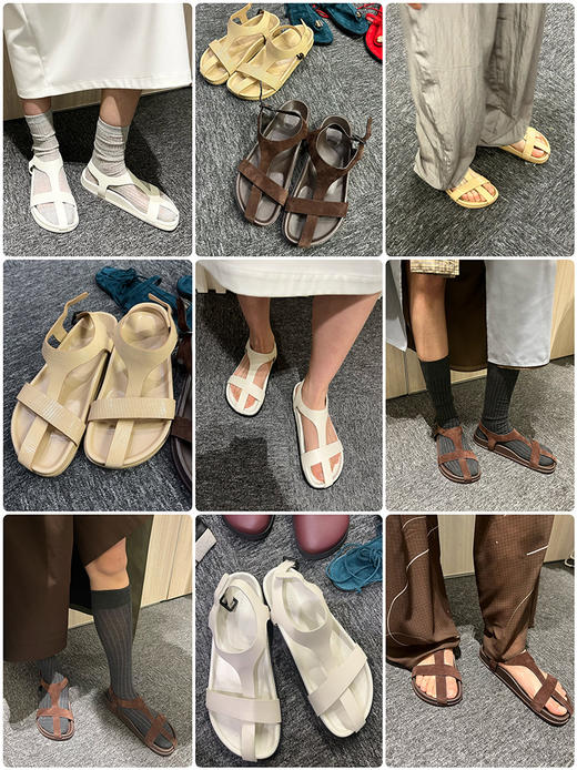 HIDEMI 极简交叉十字带厚底凉鞋 米色蜥蜴纹/乌木棕麂皮/白色羊皮 商品图5